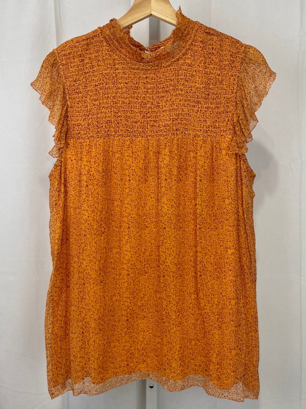 SUNDANCE Smocked Floral Mock Neck Blouse Flutter Cap Sleeve Orange Size L